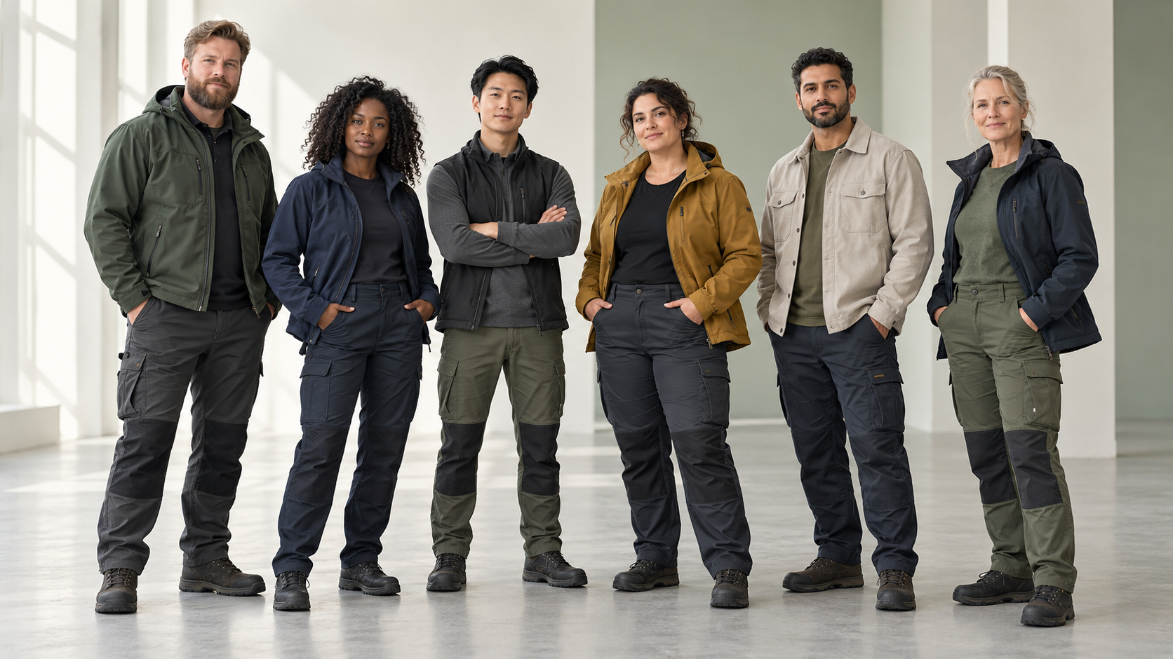 Six diverse professionals in AMANAH Nordic workwear